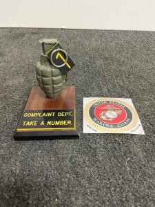 Novelty &ldquo;Complaint Dept. Take A Number&rdquo; Pineapple Grenade Desk Plaque with USMC Decal