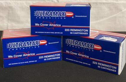 Ultramax .223 Remington 55gr FMJ Remanufactured Ammunition, 50rd Box, Made in USA &ndash; 3 Boxes