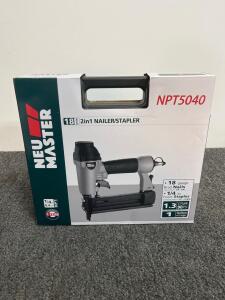 NEU MASTER NPT5040 2-in-1 Pneumatic Nailer/Stapler, 18ga Brad Nails, 1/4" Staples, Carry Case (d)