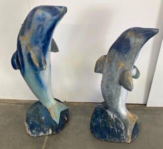 (2)Hand-Carved Wooden Dolphin Statues Pair Painted Folk Art Coastal Decor