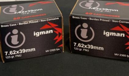 Igman 7.62x39mm 123 gr FMJ M67 Ball Ammunition, 60 Rounds per Box