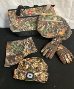 Camouflage Hunting Gear Lot with Tote, Cooler, Gloves, Neck Gaiter, and LED Beanie ( H )