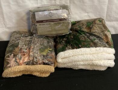 Pointehaven Queen Camouflage Flannel Sheet Set with 2 Sherpa-Lined Throws, 180 GSM, Deep Pocket ( H )