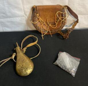 Civil War US Peace Flask Brass Powder Horn, Leather Possibles Bag, ~60 Lead Musket Balls Set