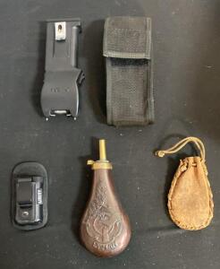Lyman Powder Flask, O-Mega Stun Gun with Holster, Vintage Leather Pouch, LaRsy Clip Case