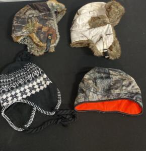 4 Winter Hats: Camo Fleece Beanie, Knit Earflap Hat, Faux Fur-Lined Trapper Hats (Adult Size)