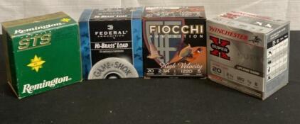 4 Box Lot 20 Gauge Shotgun Shells &mdash; Remington, Federal, Fiocchi, Winchester, 2-3/4" Game/Target