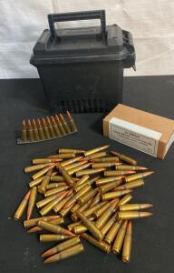 Yugoslavian M67 7.62x39mm FMJ Ammo, ~100 Rounds, Brass Cased, Plastic Storage Box, Stripper Clip