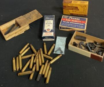 Vintage Williams/Peters 30-06 Brass, Gun Parts, Pachmayr Recoil Pad, Cartridge Boxes Lot