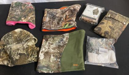Mixed Camouflage Hunting Gear Lot: SHE, Huntworth Neck Gaiters, Poncho, Balaclava, Hand Muff