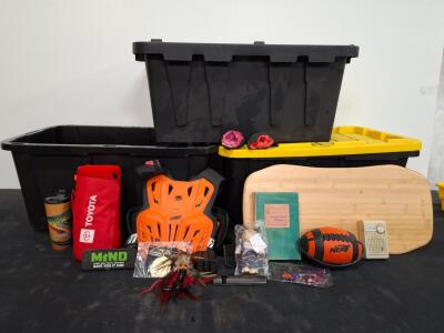 Mixed Lot: 3 Storage Bins, Leatt Chest Protector, LapGear Desk, Zenith Radio, NERF Football, Geodes. (Shelf I)