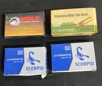 Multi-Brand .223 Rem & 5.56mm FMJ Rifle Ammo, Wolf Gold, IMI M855 Green Tip, Scorpio, Lot 00286/A