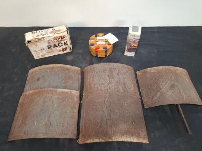 Set of 5 Antique Cast Iron Stove or Fireplace Panels Rustic Embossed Reed/Cattail Design, smoker rack, poker set, grill drip pan. ( shelf I)