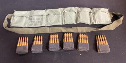 M1 Garand Ammo &ndash; HXP 1972 .30-06 M2 Ball, 48rds on 8rd Clips, 6-Pocket Bandolier, Greek Surplus