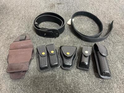 Police Duty Belt Set, Black Leather & Nylon, Basketweave, Magazine Handcuff & Accessory Pouches(a)