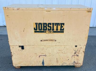 Delta Jobsite 60" Steel Storage Box, Yellow, Recessed Lock, 2 Shelves, Serial 682940, Keys Included