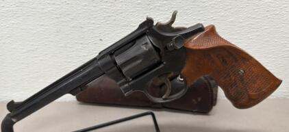 Smith & Wesson .22 LR K-22 Revolver, Blued, Wood Grip, Serial G 8254, Leather Holster