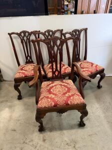 Set of 5 Chippendale-Style Mahogany Dining Chairs with Red Damask Upholstery