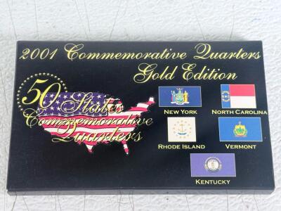 2001 Gold Edition 50 States Quarters Set NY, NC, RI, VT, KY &ndash; 5 Coin US Mint Display