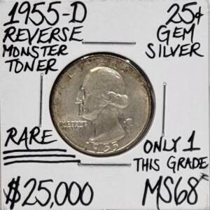 1955-D Washington Quarter Silver MS68, &ldquo;Reverse Monster Toner,&rdquo; Denver Mint, Rare Uncertified