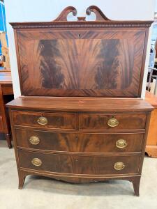 Federal Mahogany Secretary Desk, Scroll Pediment, Flame Veneer, Drop Front, Brass Pulls, c.1800s