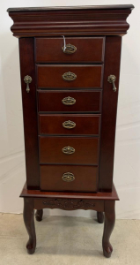 Tall Cherry Standing Jewelry Armoire, 6 Drawers, Mirror, Necklace Storage, Cabriole Legs