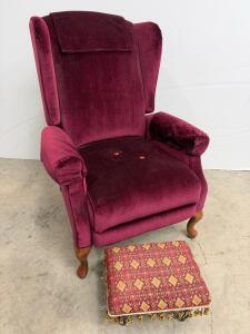 Vintage Velvet Wingback Armchair with Matching Footstool, Burgundy Upholstery, Wood Legs