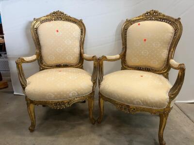Pair French Louis XV (inspired) Giltwood Armchairs, Carved Rococo Revival, Cream Damask Upholstery, C. 1900 Unverified