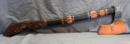 Carved Viking Axe &ndash;Approximately 36" Wolf Head Handle, 6" Blade, Engraved Head, Leather Sheath Included