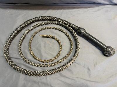 Braided Leather Bullwhip, 8 ft, Black, Knobbed Handle, 12-Strand