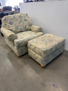 Vintage Armchair with Ottoman, Floral Upholstery, Rolled Arms, Wooden Bun Feet
