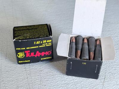 TulAmmo 7.62x39mm 122gr FMJ Steel Case Non-Corrosive, 30&ndash;35 Rounds, Berdan Primed, Made in Russia