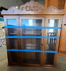 Traditional Wood and Glass Hutch / China Cabinet, Ornate Carved Top, 4 Doors, 48"x13.25"x55"