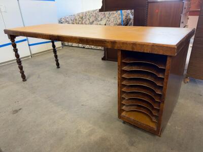 Vintage Wooden Office Desk with Yellow Laminate Top and 8 Organizer Slots, 73" x 25.5" x 27"