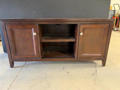 Dark Brown Wooden Media Console TV Stand, approximately 50" Wide, Dual Door Cabinets, Rear Cable Management
