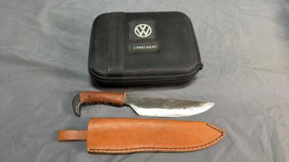 Hand-Forged PRIWDAHL Fixed Blade Knife with Leather Sheath, Approx. 8" Blade, Unique Pommel Design & VW Emergency Kit
