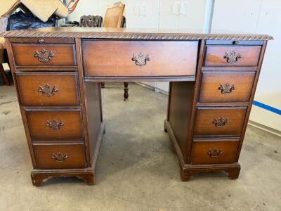 Vintage Pedestal Writing Desk &ndash; 8 Drawers, Pull-Out Shelf, Carved Edge, Brass Handles, 44"x23"x31"