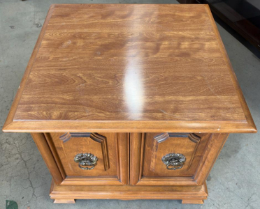 Vintage Wooden End Table with Cabinet Storage, 2 Brass Handle Doors, 24"x24"x20", Traditional Style
