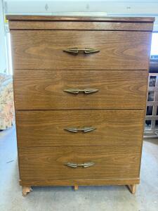 4-Drawer Mid-Century Modern Style Chest, Walnut Laminate Finish, Brass Pulls, 27.5"x17"x39"