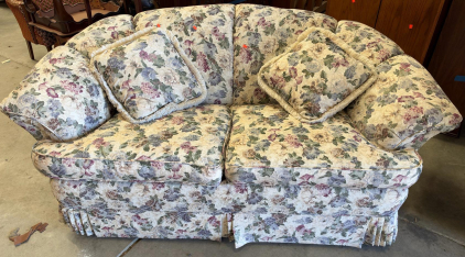 Floral Upholstered Loveseat, Made in USA, 2 Cushions, Skirted Base, Vintage 1990s Clean Fabric