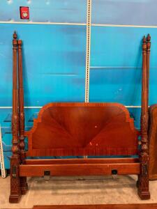 Antique Mahogany Four-Poster Queen Bed, Carved Posts, Sunburst Headboard, 86" Tall