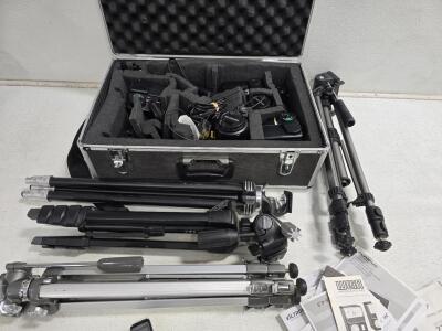 Olympus OM-10 35mm SLR flashes, Zuiko Lenses, Vanguard Tripod, and Accessories
