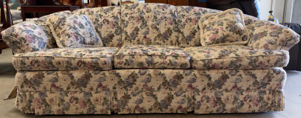 England Corsair 3-Seat Floral Sofa, Skirted Base, USA-Made, Cushions, Pillows