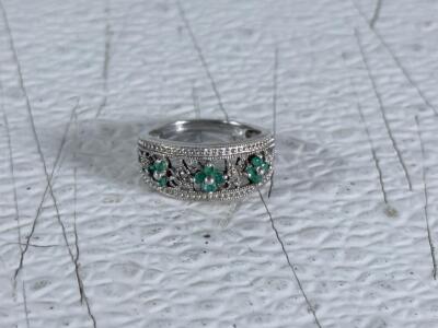 Sterling Silver Band Ring with Green Gemstones and Milgrain Edge