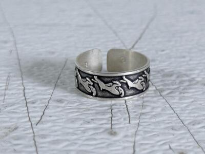 Sterling Silver 8mm Open Band Fish Motif Adjustable Ring Hallmark