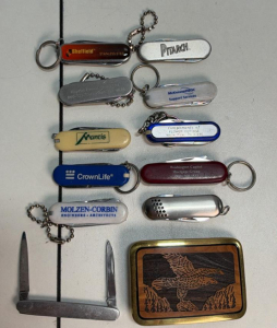 Vintage Schrade USA Pen Knife, 10 Mini Pocket Knives & Trinity Solid Brass Eagle Buckle