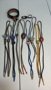 Vintage Bolo Tie Collection - 9 Assorted Designs, Leather/Synthetic Cords, Metal/Stone Slides