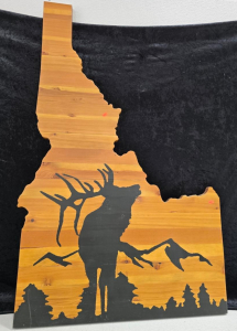 Large Idaho-Shaped Rustic Wooden Wall Art with Elk and Mountain Silhouette, 46.5 "x29.5"