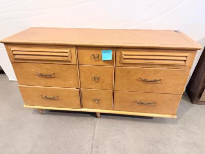 Mid-Century Modern 9-Drawer Dresser with Metal Pulls and Angled Legs
