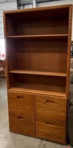 Oak Bookcase Cabinet &ndash; 4 Drawers, 1 Door, 2 Shelves, 72"x36"x12", Medium Wood Finish